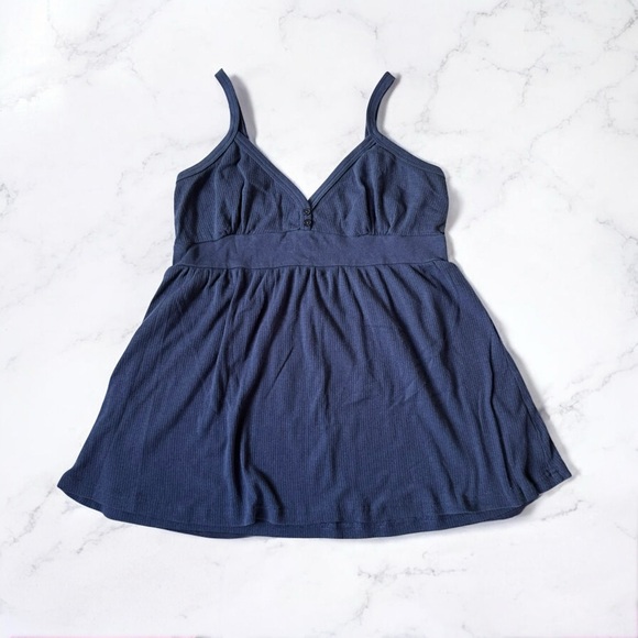 Vintage Y2K Babydoll Cami Tank Top Women’s XL Blue Flowy Button Ribbed Henley - Picture 1 of 9